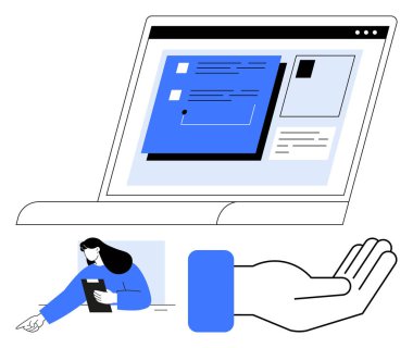 Diz üstü bilgisayar ekranını arayüz tasarım unsurları ile aç, kadın figürü belgeyle ve destekleyici el konseptiyle. Üretkenlik, takım çalışması, yazılım araçları, yenilik, destek, iş dünyası için ideal