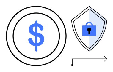 Kalkanın yanındaki çemberin içinde dolar işareti, ok ileri işaret ediyor. Mali güvenlik, ödeme koruması, çevrimiçi işlemler, siber güvenlik, yatırımlar, para yönetimi, güvenlik için ideal