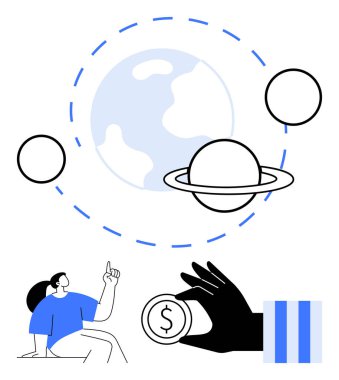 Yörünge çizgileri ve gezegenleri olan bir gezegen kozmik keşifler gerektirir. Küresel yeniliğe odaklandıkça, şekil yukarı doğru kayar. Parayla el, yatırımı işaret eder. Finans ve yenilik için ideal