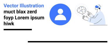 VR kullanıcısı basit bir kullanıcı profili simgesi ile beyin görselleştirmesi ile etkileşir. Sanal gerçeklik, nörobilim, teknoloji, yenilik, eğitim, sağlık hizmetleri, basit iniş sayfası için ideal