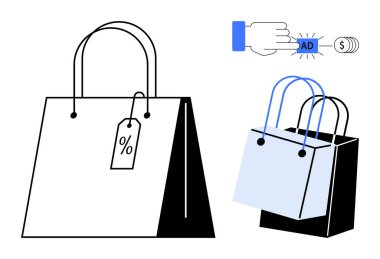 Saplı alışveriş torbaları ve indirim etiketleri. Reklam düğmesine basmak, online alışveriş ve reklam anlamına geliyor. E-ticaret, pazarlama, satış, perakende satış, indirimler, çevrimiçi reklam tüketicisi için ideal
