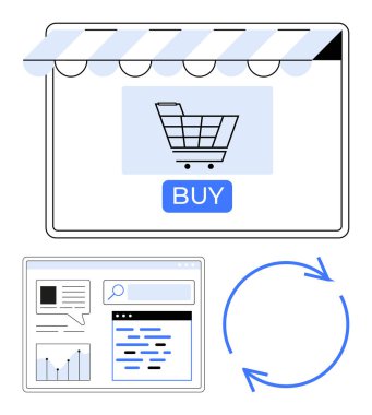 Alışveriş arabası, mavi satın alma tuşu, analitik grafikler ve dairesel oklar. E-ticaret, veri analizi, pazarlama, kullanıcı davranışı, otomasyon süreci optimizasyonu için ideal düz metafor