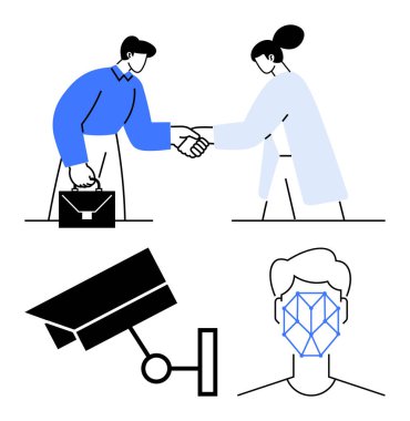 Ortaklar arasındaki iş tokalaşması, güvenlik kamerası ve biyometrik yüz tanıma. Ortaklık, güvenlik, teknoloji, gözetleme, gizlilik doğrulama işbirliği için idealdir. Düz