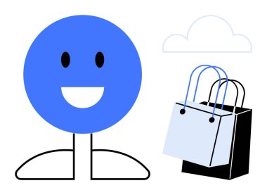 Çubuk şekilli, gülümseyen mavi yüzlü, iki alışveriş çantasının yanında duran biri beyaz, biri siyah. Perakende, alışveriş, tüketici davranışı, e-ticaret, müşteri memnuniyeti, mutluluk için ideal