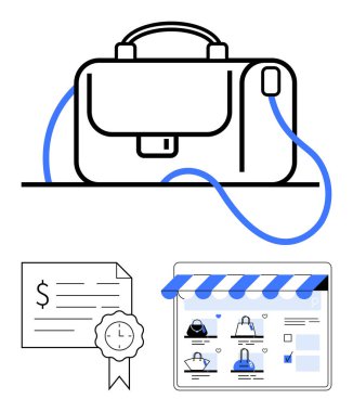 Kablosu bağlı dizüstü bilgisayar çantası, kurdeleli sertifika ve online alışveriş arayüzü sayfası. E-ticaret için ideal, çevrimiçi eğitim, dijital sertifika, çevrimiçi perakende, küçük işletmeler, ürün