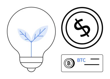 Bitki filizi, bozuk para ve Bitcoin cüzdan hatlı ampul. Sürdürülebilirlik, fintech, yenilik, yenilenebilir enerji, eko-finansman dijital ekonomi yatırımı için idealdir. Düz basit metafor