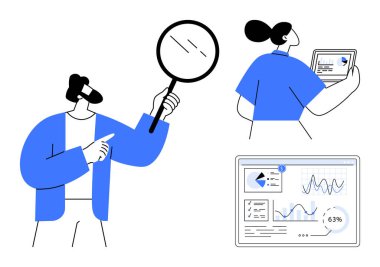 Büyüteç tutan adam, tabletteki verileri inceleyen kadın, detaylı analitik gösterge paneli. Analiz, araştırma, takım çalışması, veri eğilimleri, strateji planlama teknolojisi eğitimi için idealdir. Düz