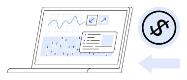 Analitik grafikleri, veri tablolarını gösteren dizüstü bilgisayar ekranı ve para artışı oklu bir dolar sembolünün yanında yükselen trendler. Finans, yatırım, planlama, teknoloji, veri için ideal