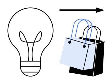 Alışveriş poşetlerinin yanında ampul simgesi ve ileri hareketi gösteren bir ok. Perakende yenilik, e-ticaret büyümesi, yaratıcı ticaret, tüketici eğilimleri, çevrimiçi alışveriş evrimi, piyasa gelişimi için ideal