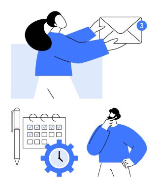 Her biri bir zarf tutuyor, düzenli bir takvim, kalem, dişli ve saat sembollü, ve düşünceli bir poz. İletişim, zamanlama, iş akışı, üretkenlik, takım çalışması için ideal