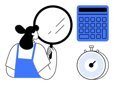 Elinde büyüteç tutan kadın detayları inceliyor hesaplamalar için hesap makinesi, zaman takibi için kronometre. Analiz, yönetim, üretkenlik, değerlendirme, araştırma ve organizasyon için ideal