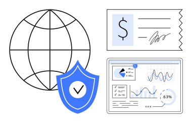 Güvenliği simgeleyen bir kalkan, imzalı bir makbuz ve veri analizi paneli olan bir dünya. Finans, siber güvenlik, veri takibi, küresel ticaret, teknoloji istatistik yatırımı için ideal. Düz basit