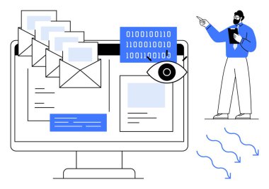 Bilgisayar ekranında e-postalar, ikili kod ve göz simgesi, iletişimi, veri güvenliğini ve analizi simgeliyor. Defteri olan profesyonel bir puan. Teknoloji ve e- posta kodlama verileri için ideal