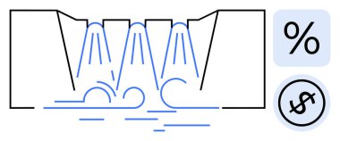 Baraj kapılarından akan su, kaynak akışını ve yönetimi temsil ediyor, yüzde ve dolar simgeleriyle eşleştiriliyor. Ekonomi, finans, yatırım, sürdürülebilirlik, tasarruf ve bütçe için ideal