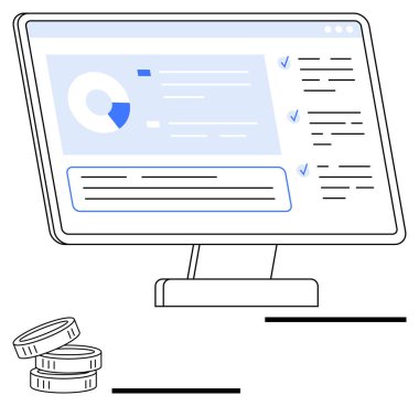 Analiz çizelgesini, görev kontrol listesini ve istiflenmiş paraların yanındaki metni görüntüleyen monitör. İş analizleri, finans uygulamaları, görev takibi, bütçe belirleme, üretkenlik, finansal planlama için ideal