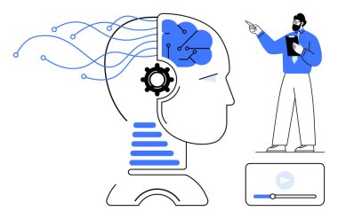 Sinir bağlantıları, çark ve bulut grafikleriyle yapay zeka baş silueti sunum yapan birine bağlı. Yapay zeka, teknoloji, öğrenme, yenilik, analiz, otomasyon dijital için ideal