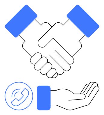 El sıkışma anlaşmasını sembolize eder, yardım eli uzatır, ve bir telefon yardımı ikonu. Ortaklık, güven, iletişim, işbirliği, müşteri hizmetleri, takım çalışması için ideal iş anlaşmaları sabit
