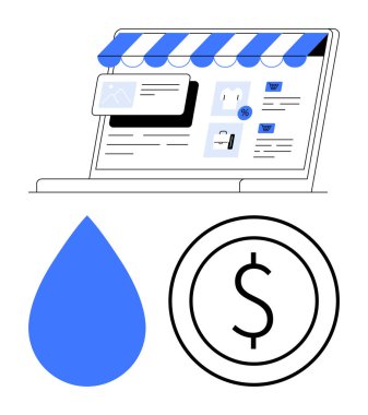 Dijital dükkan elemanları, mavi su damlası ve dolar işaretli bozuk para olan dizüstü bilgisayar ekranı. E-ticaret, çevrimiçi alışveriş, iş büyümesi, sürdürülebilirlik, finans, çevre dostu dijital pazarlama için ideal