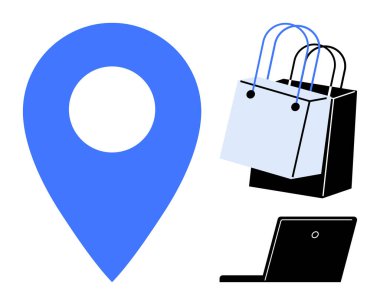 Büyük mavi lokasyon iğnesi, iki alışveriş çantası ve bir laptop. Çevrimiçi alışveriş, e-ticaret, teslimat takibi, lojistik, perakende dijital pazarlama ve uzaktan çalışma temaları için ideal. Soyut satır düzlüğü