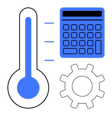 Termometre, hesap makinesi ve dişli ikonu ölçüm, hesaplama ve işlem geliştirme kavramlarını vurgular. Analiz, optimizasyon, veri, verimlilik bilim stratejisi için ideal