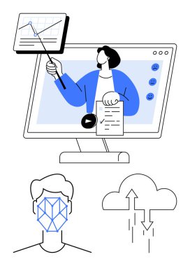Sanal sunucu ekrandaki veri tablosunu göstererek belgeyi açıklıyor. Yüz tanıma, bulut yüklemesi. İletişim, eğitim, yapay zeka, veri paylaşım analiz teknolojisi için ideal. Düz