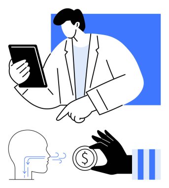 Elinde tablet tutan bir adam soyut finans ve sağlıkla ilgili görsellere işaret ediyor. Teknoloji, sağlık, iş stratejisi, ekonomi, eğitim, yenilik modern kavramlar için idealdir. Düz basit