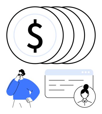 Para ya da yatırımı sembolize eden yığınla para, bir web arayüzü ve tefekkürde insan figürü ile birlikte. Finans, yatırım, strateji, karar verme, bütçe