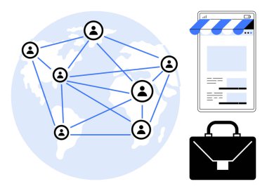 Harita üzerinden küresel kullanıcı bağlantıları ağı, çevrimiçi mağaza önü, iş çantası. E-ticaret, uzaktan çalışma, küreselleşme, ağ oluşturma, online ticaret teknolojisi için idealdir. Düz basit