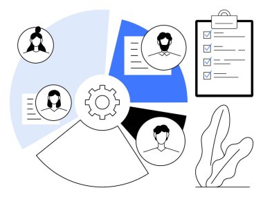 Dört kullanıcı profilini birbirine bağlayan dişli, pasta grafiği görselleri ve bir kontrol listesi panosu. Takım çalışması, görev dağılımı, İK yönetimi, işbirliği, performans takibi, iş akışı optimizasyon dairesi için ideal