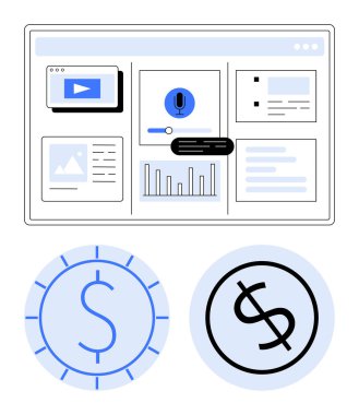 Gösterge panelinde video oynatıcı, mikrofon, kaydırıcı, grafik ve belge gereçleri var. Finansal para birimi sembolleri de dahil. Finans, analitik ve multimedya içerik oluşturma stratejisi için ideal