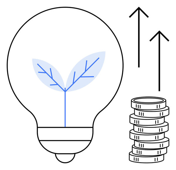 Лампочка с прорастающей растительностью представляет собой экологически чистые инновации, укладываемые монеты символизируют прибыль, стрелки вверх для роста и прогресса. Идеально подходит для инвестиций, финансов, инноваций, экороста