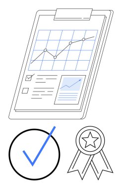 Çizgi grafiği, kontrol listesi ve ilerleme çizelgesi ile rapor verin. Bitişik kene işareti ve kurdele başarıyı, kaliteyi veya onayı vurguluyor. Analiz, başarı, strateji başarı planlama için ideal