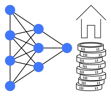 Birbirine bağlı düğümleri, bozuk para yığınları ve bir ev taslağı olan sinirsel ağ. Yapay zeka, ekonomi, finans, gayrimenkul, veri analiz makinesi öğrenme teknolojisi için ideal. Düz basit metafor