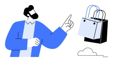 Yüzen alışveriş torbalarında mavi ceket giyen bir adam. Ecommerce, perakende alışveriş, tüketici davranışı, çevrimiçi pazarlama, dijital ticaret, satış trendleri için idealdir. Soyut çizgi düz metafor