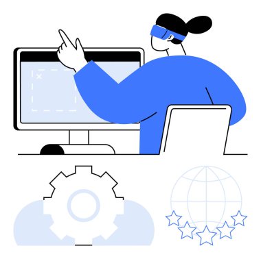 Parmakla işaret eden fütüristik ekran kullanan kadın, vites sembolü, yıldızlı küre. Yenilik için ideal, sanal teknoloji, küresel bağlantı, üretkenlik, kullanıcı deneyimi, dijital araçlar