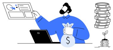 Adam analitik gösterge panelini para çantası tutarken inceliyor, yatırımları ve kazançları sembolize ediyor. Yığınla bozuk para ve bitki filizi ile betimlenen büyüme. Finans, iş stratejisi ve gelir büyümesi için ideal