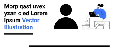Yığınlanmış kitapların üzerinde oturan ve dizüstü bilgisayarda çalışan birinin yanında profil simgesi. Yer tutucu metin ve tasarım ögeleri. UI modellemeleri, eğitim, takım çalışması, minimalizm, markalaşma, uygulamalar için ideal