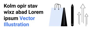 Alışveriş torbası, siyah kalem ve yukarı bakan oklar perakende satış, yaratıcılık ve büyümeyi simgeliyor. İş geliştirme, e-ticaret, eğitim, pazarlama yenilik süreci için ideal basit bir iniş sayfası