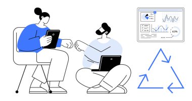 İki meslektaşı tablet ve dizüstü bilgisayarla, dijital bir grafikteki veri içgörülerini analiz ederek iş birliği yapıyor. Geri dönüşüm simgesi sürdürülebilirliği vurgular. Takım çalışması, veri içgörüleri, eko-farkındalık ve eğitim için ideal