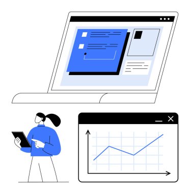 Tablet kullanan bir kadın, dijital arayüzü gösteren bir dizüstü bilgisayar ve yukarı doğru eğilimli bir büyüme tablosu penceresi. İş, veri, teknoloji, üretkenlik, araştırma, eğitim dairesi için ideal basit metafor
