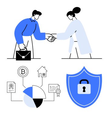 Anlaşmayı sembolize eden iki profesyonel el sıkışıyor. Turta grafiği, engelleme zinciri, belgeler, ev ve güvenlik kalkanı. Ortaklık, yatırım ve teknoloji için ideal finansman güven veri güvenliği
