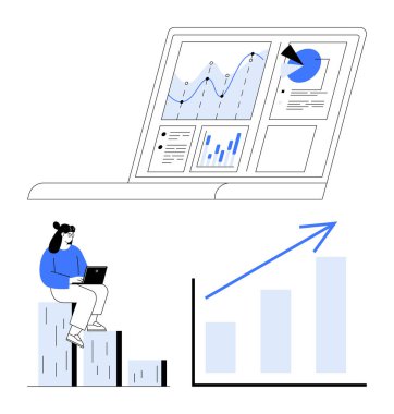 Analitik çizelgeleri gösteren dizüstü bilgisayar, verileri analiz eden kadın ve büyümeye işaret eden yükselen eğilim. İş, analiz, strateji, ekonomi, büyüme, teknoloji eğitimi için ideal