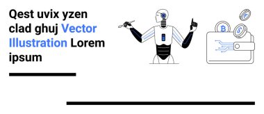 Dijital cüzdanın yanında kriptoyu temsil eden bozuk paralarla hareket eden insansı robot. Teknoloji, yapay zeka, yenilik, engelleme zinciri, kripto para birimi, fintech ve basit bir iniş sayfası için ideal.
