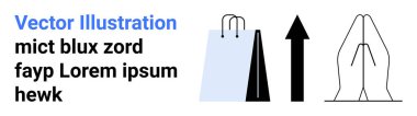 Alışveriş torbası ticareti simgeliyor, büyümek için yukarı doğru ok ve şükranı yansıtan dua eden eller. E-ticaret, başarı, inanç, motivasyon, pazarlama, iş büyümesi için ideal basit iniş sayfası