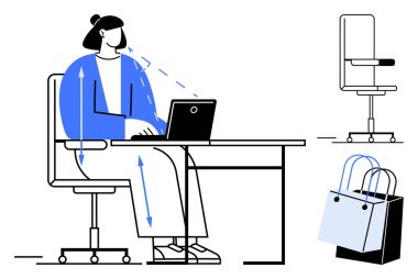 Koltuk, duruş ve düzende ergonomik göstergeleri olan bir masada dizüstü bilgisayar üzerinde çalışan biri. Bitişik sandalye ve alışveriş torbaları. Ofis ergonomisi, iş hayatı dengesi, online alışveriş, uzaktan kumanda için ideal