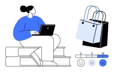 Kitapların, alışveriş çantalarının ve memnuniyet ölçeğinde üç duygu simgesiyle dizüstü bilgisayarda çalışan bir kadın. Çevrimiçi alışveriş, tüketici davranışı, eğitim, dijital ekonomi ve iş hayatı için ideal