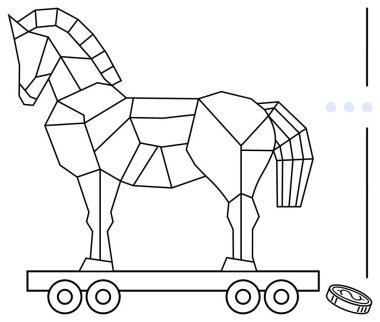 Çokgen Truva atı tekerleklere kurulmuş stratejiyi ve gizli tehditleri simgeliyor. Siber güvenlik, veri sızması, strateji planlaması, aldatma, gizli risk, dijital güvenlik, düz basit