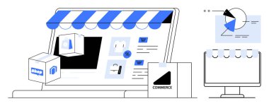 Depo önü, ürün görüntüleme, analitik çizelge ve dağıtım paketleriyle çevrimiçi bir arayüz sunan bir dizüstü bilgisayar. E-ticaret, pazarlama, satış, lojistik, web tasarımı, dijital için ideal