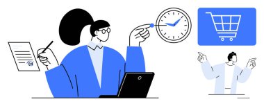 Dizüstü bilgisayarda çalışan bir kadın, elinde bir belge var, saat dijital alışveriş arabası ikonuna işaret ediyor. Zaman yönetimi, e-ticaret, üretkenlik, çoklu görev, çevrimiçi alışveriş, organizasyon için ideal