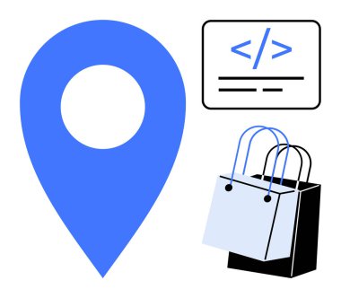 Büyük mavi yer işareti, kutuda küçük kodlama sembolü ve alışveriş torbaları. Çevrimiçi alışveriş, e-ticaret, dijital pazarlama, konum tabanlı hizmetler, teknoloji entegrasyonu, müşteri